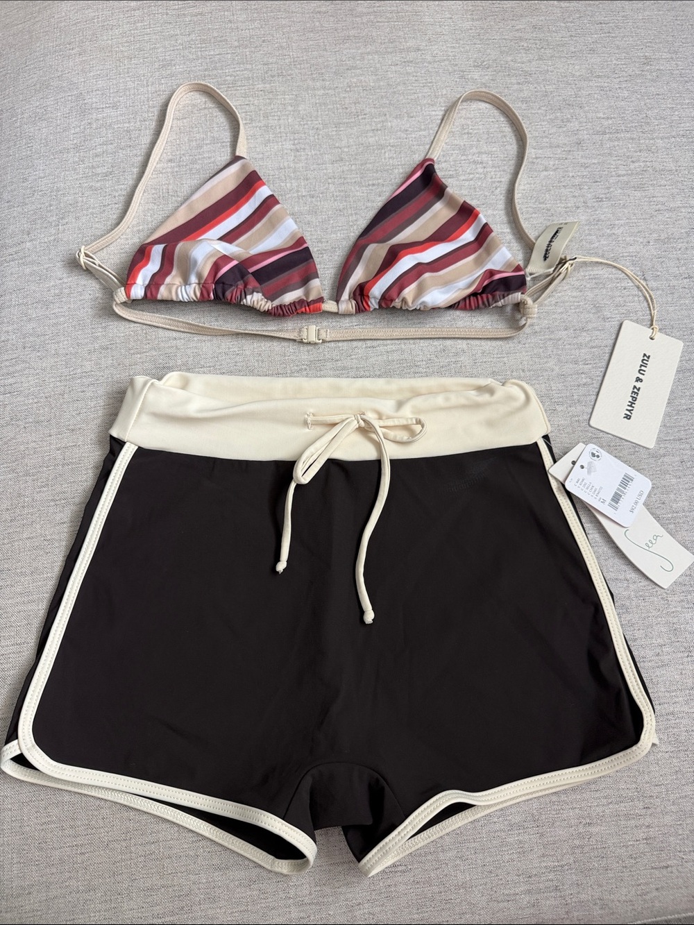 Seea Free People Striped Triangle Bikini Top and Brown Swim Shorts Set - Picture 1 of 4